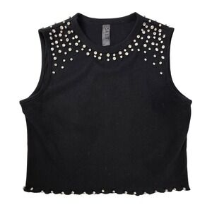 SALT Womens Black Ribbed Rhinestone Embellished Sleeveless Crop Top L